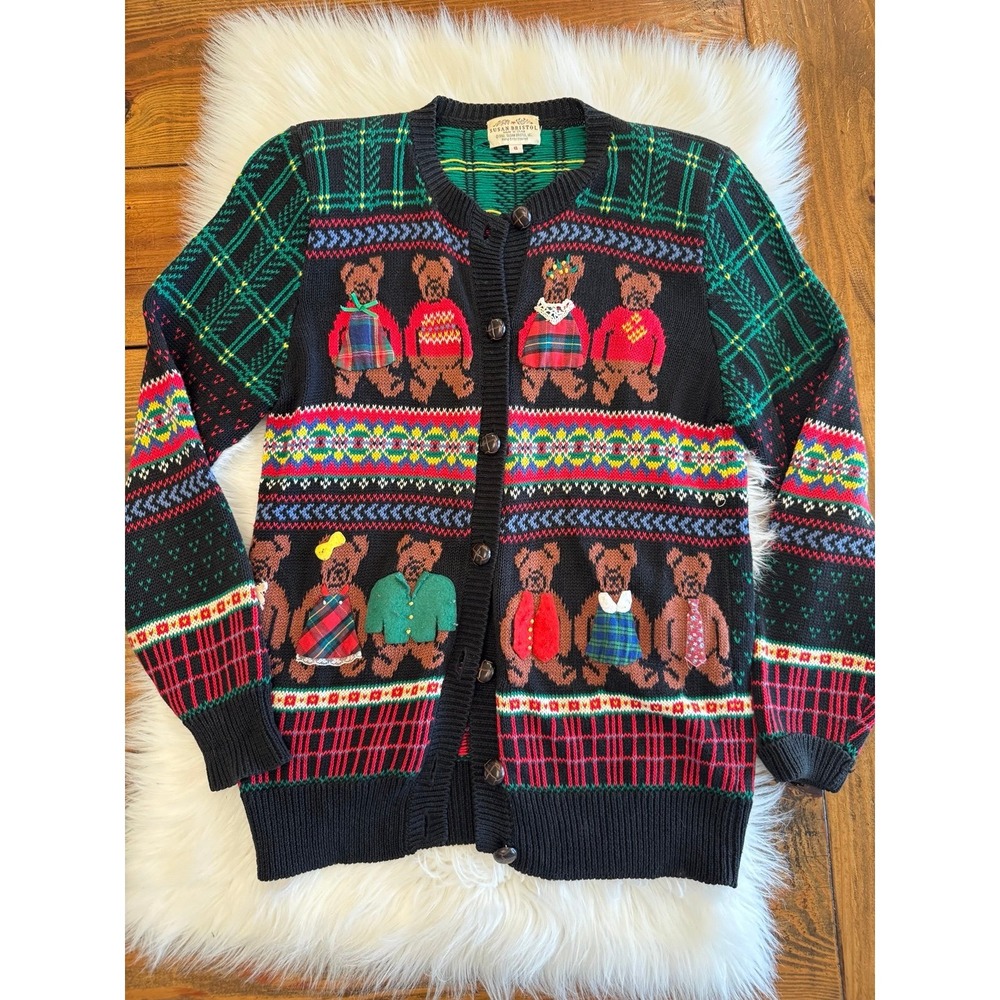 vintage‎ 1990s Susan Bristol brand cardigan sweater hand embroidered teddy bears